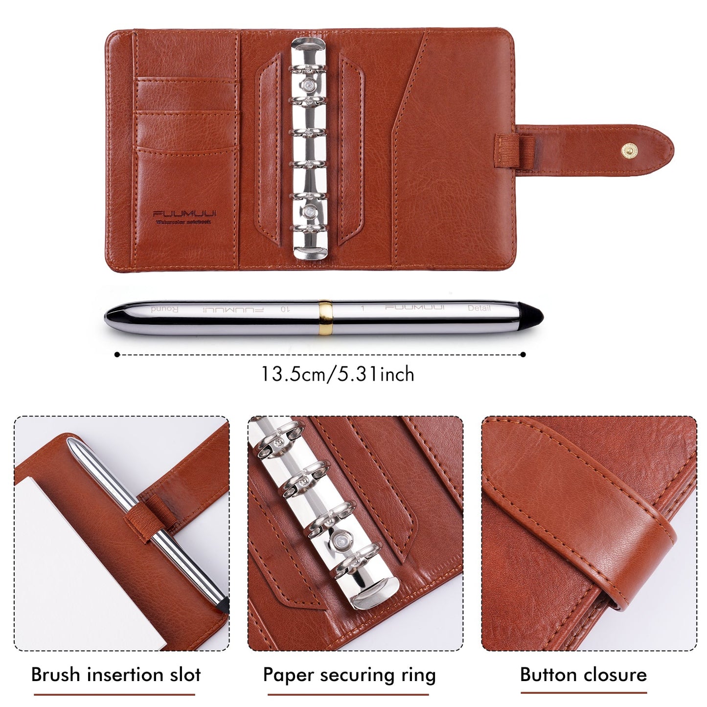 Fuumuui Aquarell-Reiseskizzenbuch-Set – Reisepinsel mit zwei Spitzen, Farben und 100 % Baumwollpapier mit PU-Ledereinband (groß)