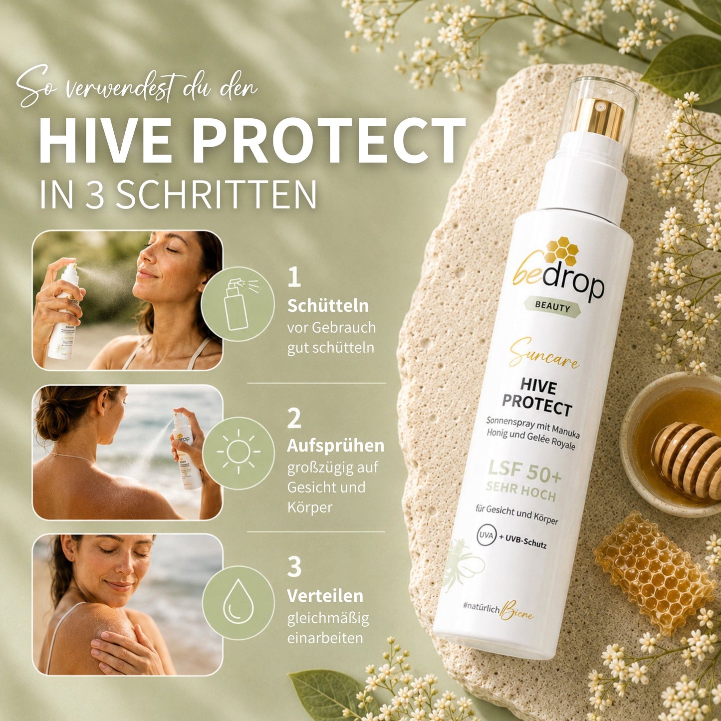 BeeShield™ – LSF 50+ Sonnenschutzspray mit Manuka-Honig
