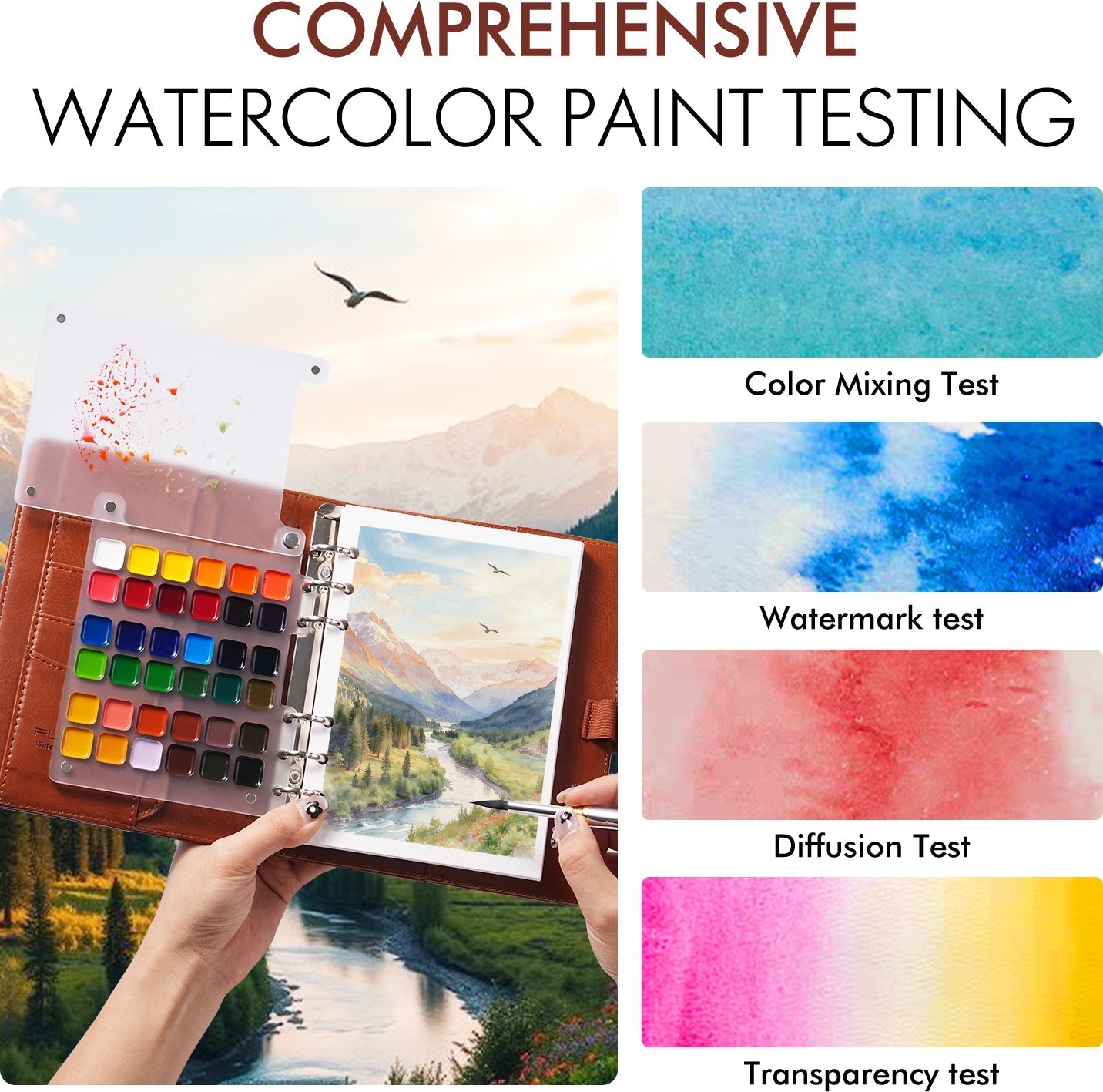 Fuumuui Aquarell-Reiseskizzenbuch-Set – Reisepinsel mit zwei Spitzen, Farben und 100 % Baumwollpapier mit PU-Ledereinband (groß)