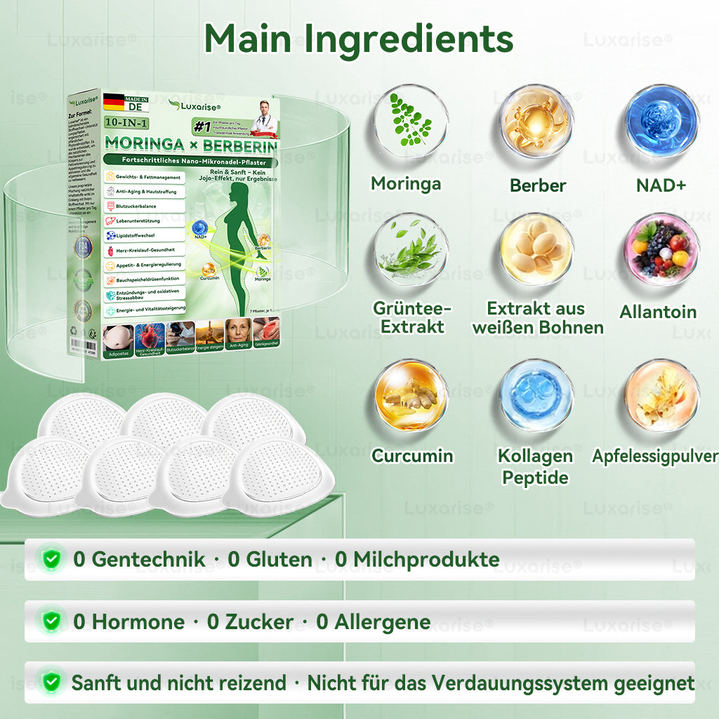 Slimora® | Moringa, Berberin & NAD+ 10-in-1 Nano-Mikronadel-Pflaster | Tägliche Unterstützung für Stoffwechsel und Herzgesundheit