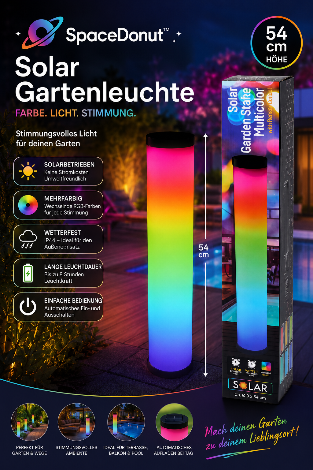 SpaceDonut™ Solar Gartenleuchte | Farbige Stimmung ohne Kabel