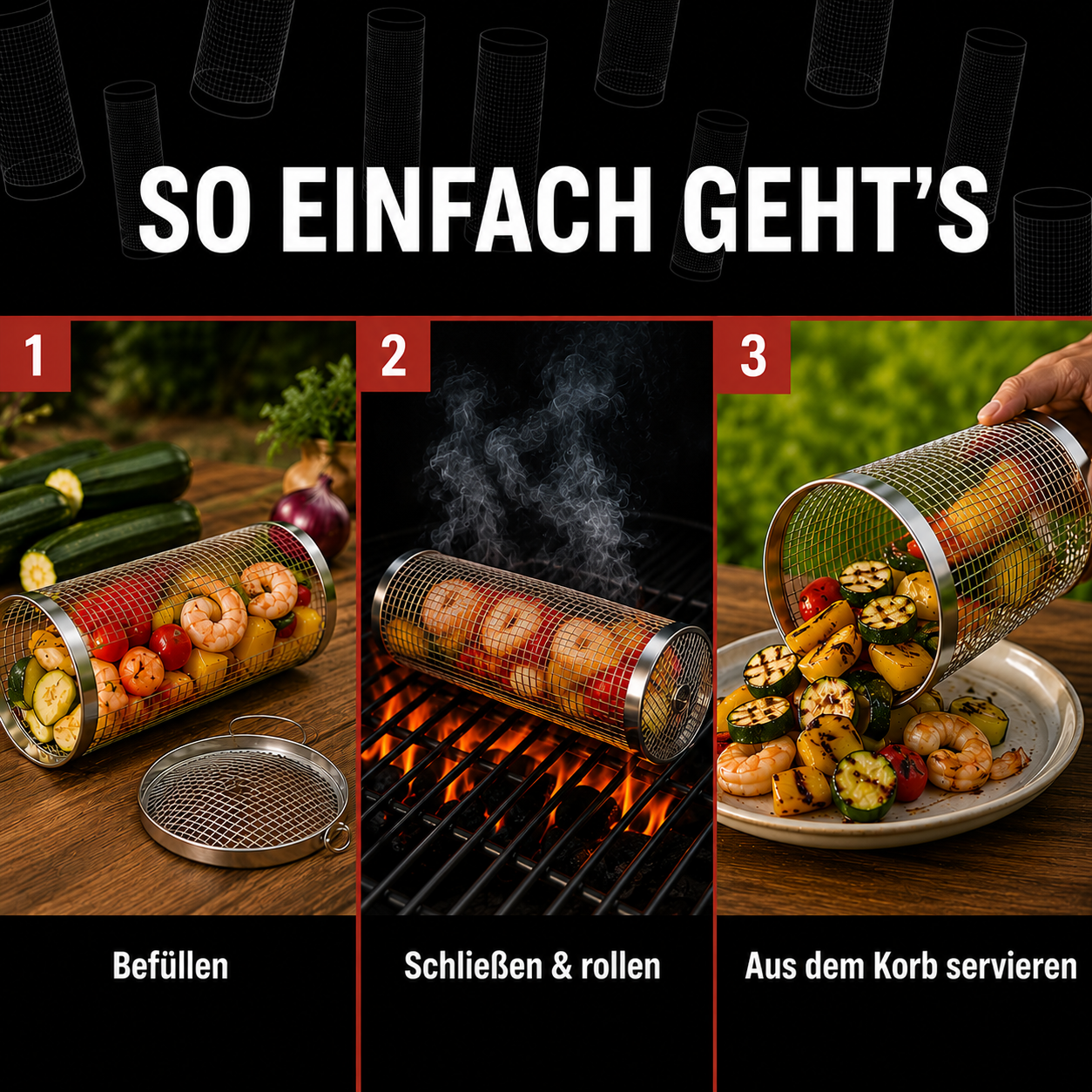 Grillora™ – Edelstahl-Grillkorb für gleichmäßiges Gemüse & Fisch