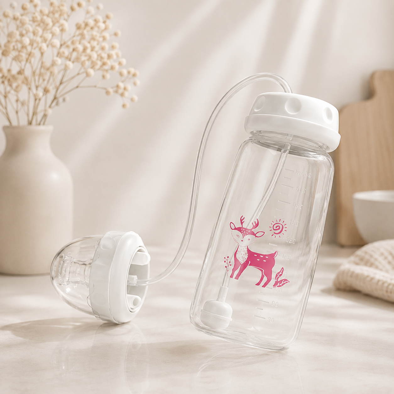 BabyFlow™ – Babyflasche mit flexiblem Trinkschlauch & Gewichtsstrohhalm