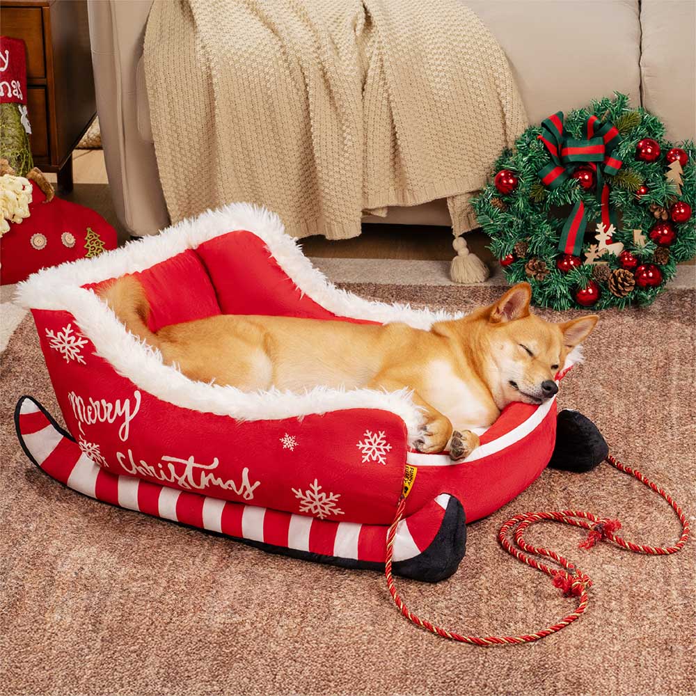 PawHaven™ | Festliches Kuschel-Hundebett im Weihnachts-Schlitten-Design