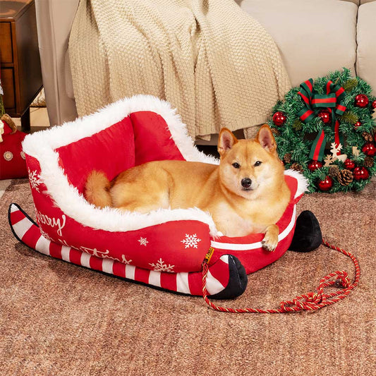 PawHaven™ | Festliches Kuschel-Hundebett im Weihnachts-Schlitten-Design