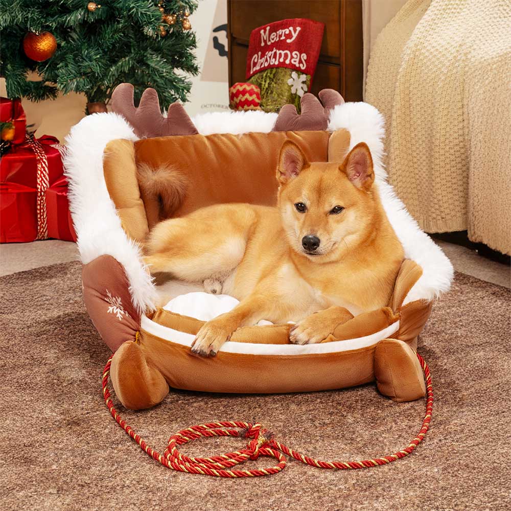 PawHaven™ | Festliches Kuschel-Hundebett im Weihnachts-Schlitten-Design