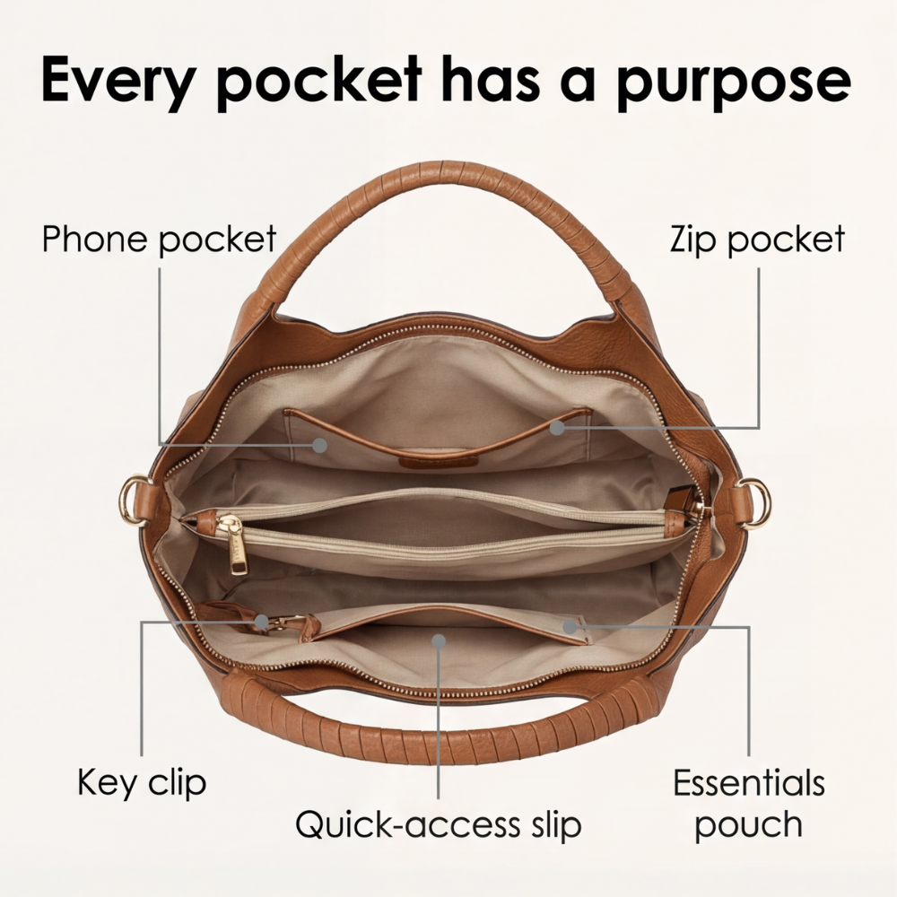 AmberCurve™ | Weiche Leder-Hobo-Tasche mit mehreren Fächern
