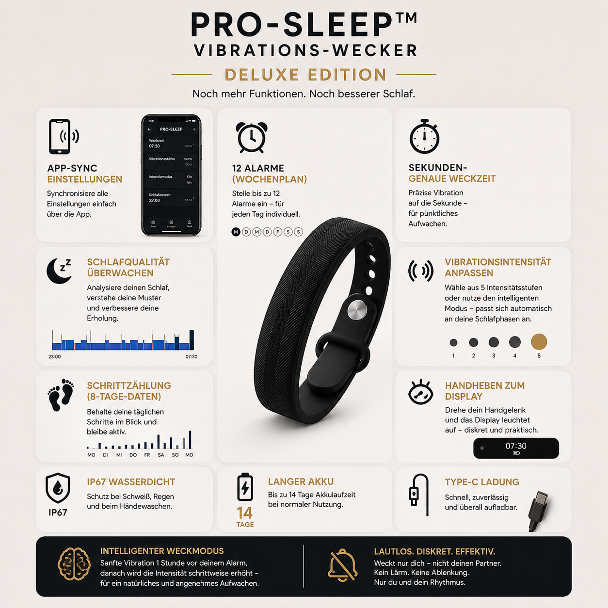 WakeLuxe™ – Lautloser Vibrationswecker für angenehme Morgenroutinen