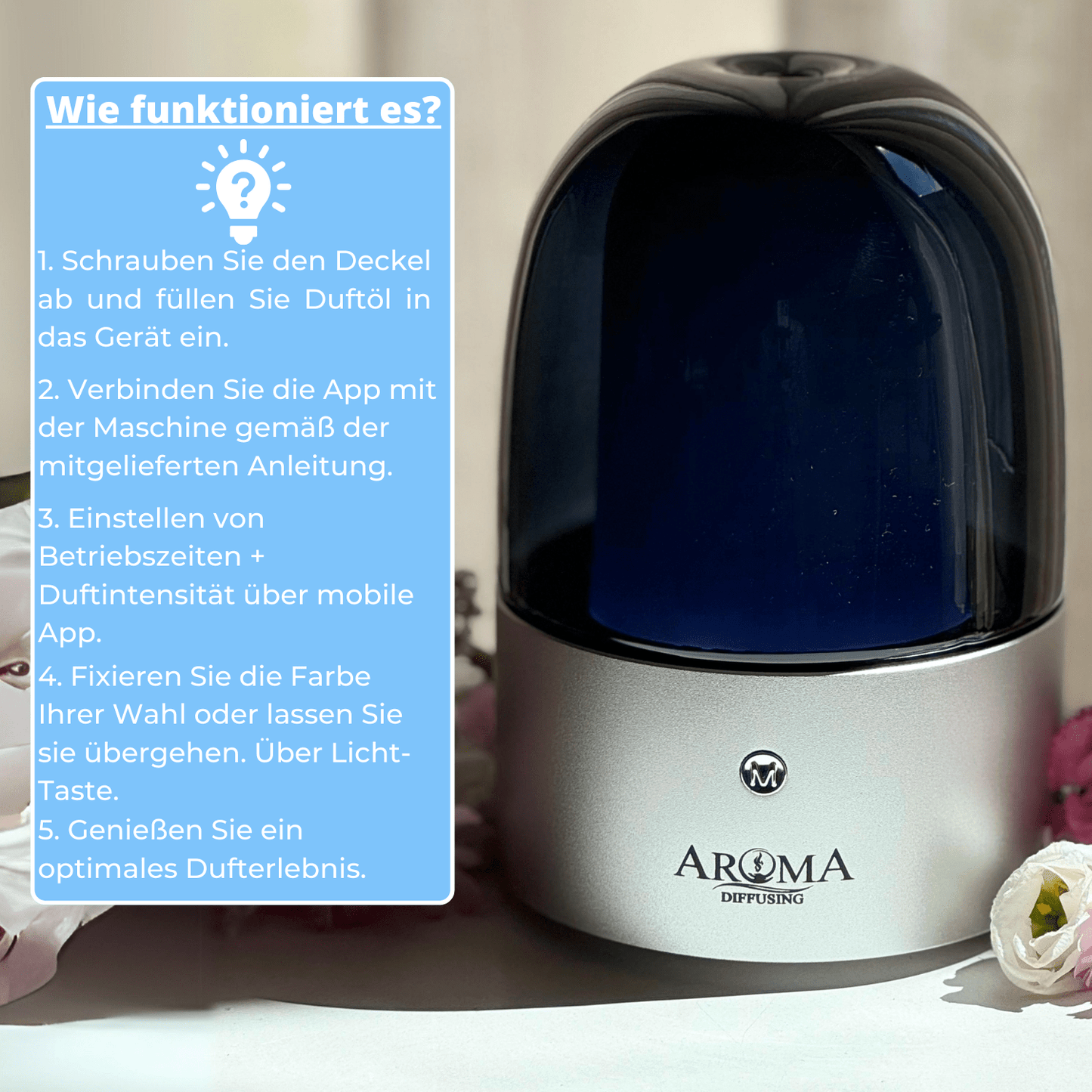 Der Duftzerstäuber sorgt für eine stimmungsvolle Atmosphäre und verbreitet reinen Duft in Ihrem gesamten Zuhause