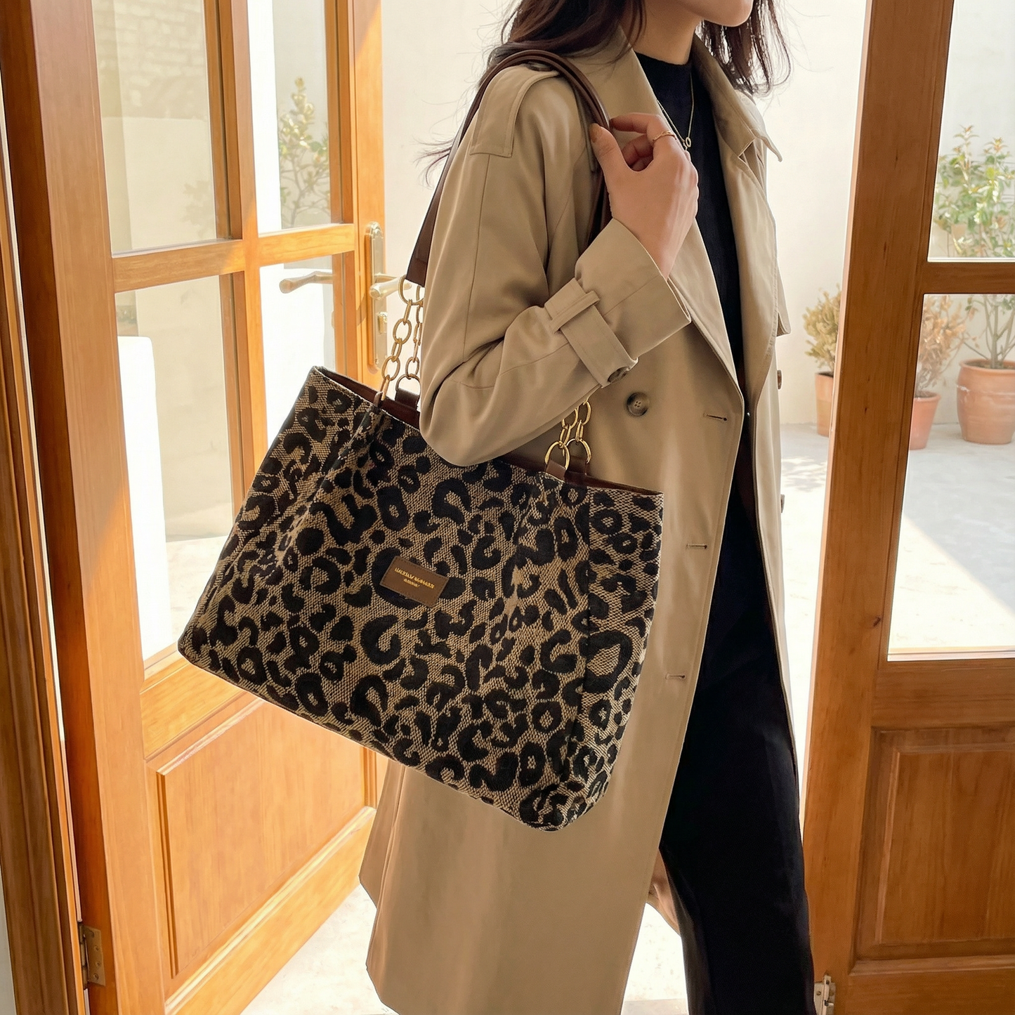 WildElegance™ | Leotard-Print Tote-Bag mit Goldketten-Detail