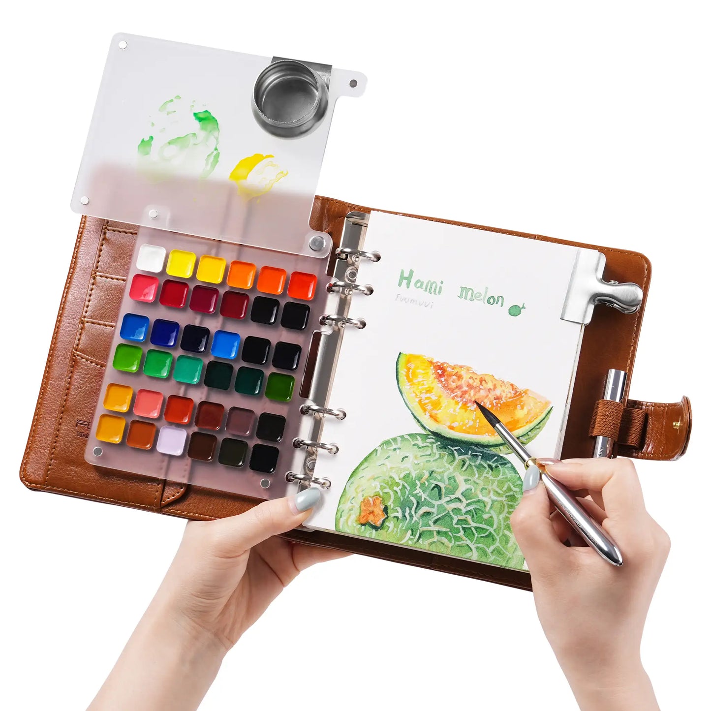 Fuumuui Aquarell-Reiseskizzenbuch-Set – Reisepinsel mit zwei Spitzen, Farben und 100 % Baumwollpapier mit PU-Ledereinband (groß)