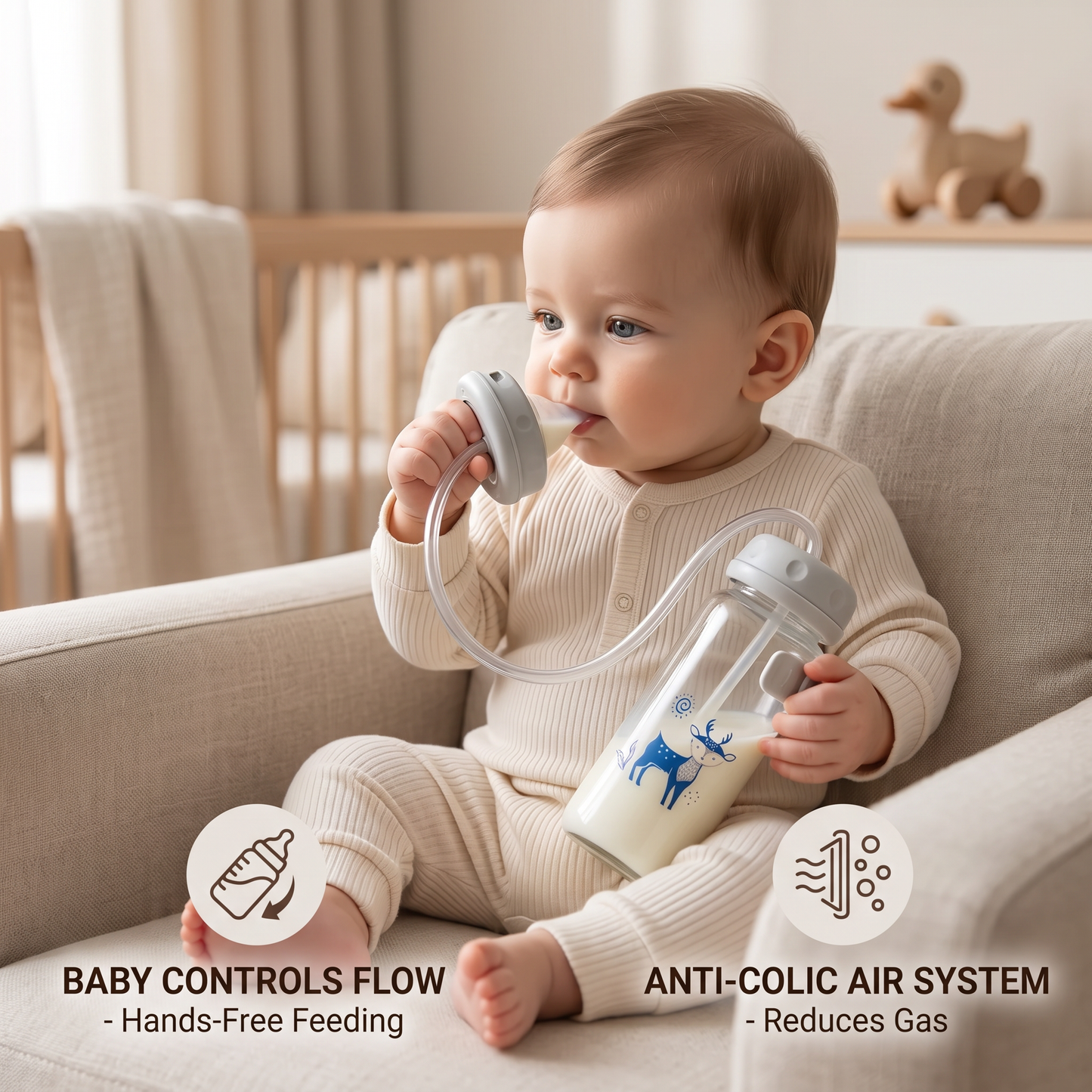 BabyFlow™ – Babyflasche mit flexiblem Trinkschlauch & Gewichtsstrohhalm